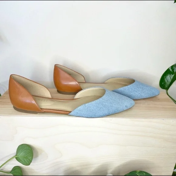 NWT 7 pointed toe slip on brown and denim D’orsay flat Nine West - Picture 1 of 12